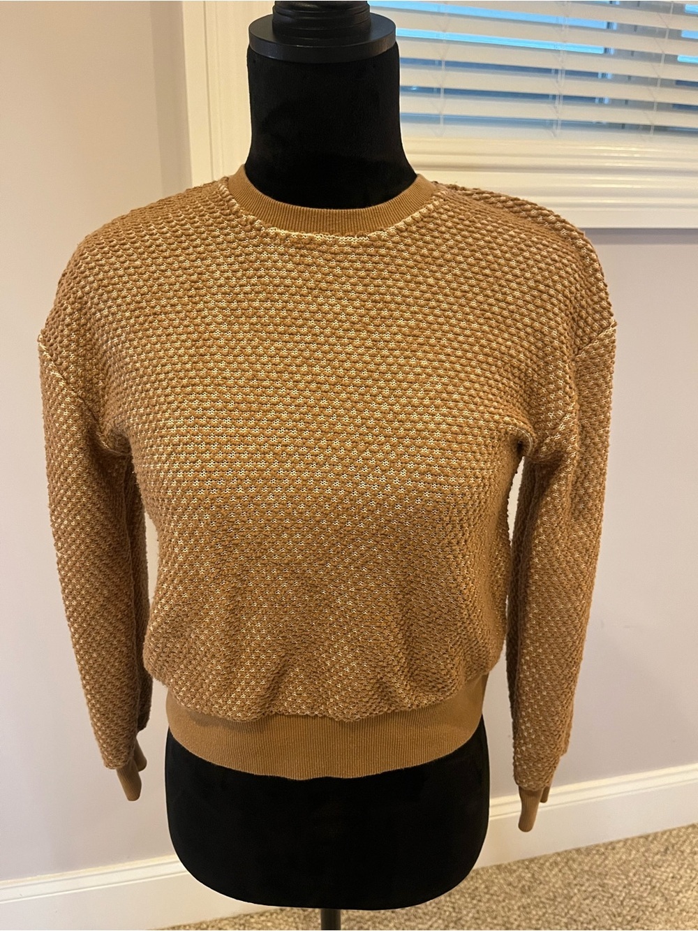 Marine Layer Beachy Textured Light Crewneck Sweater in Camel- extra small